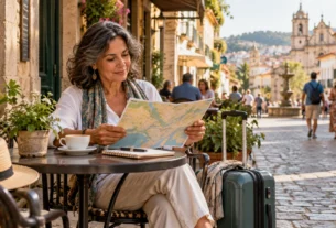 Planejamento de como escolher o bairro da hospedagem, com viajante consultando um mapa em uma mesa de café.