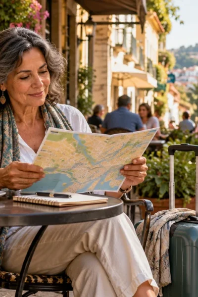 Planejamento de como escolher o bairro da hospedagem, com viajante consultando um mapa em uma mesa de café.