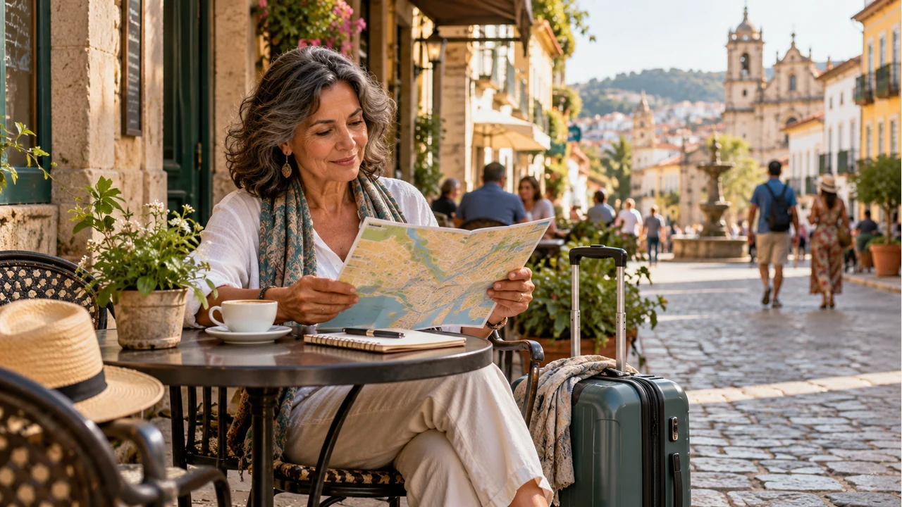 Planejamento de como escolher o bairro da hospedagem, com viajante consultando um mapa em uma mesa de café.