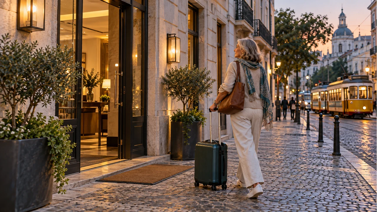 Viajante com mala de mão se aproxima de uma entrada de hotel em uma rua urbana ao entardecer.