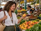 Viajante observa bancas de frutas em um mercado municipal brasileiro coberto.