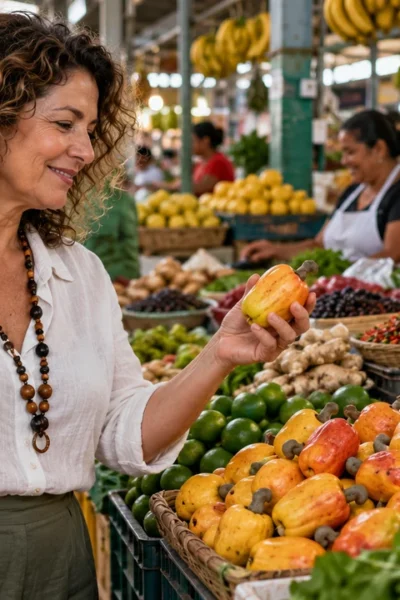Viajante observa bancas de frutas em um mercado municipal brasileiro coberto.