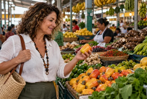Viajante observa bancas de frutas em um mercado municipal brasileiro coberto.