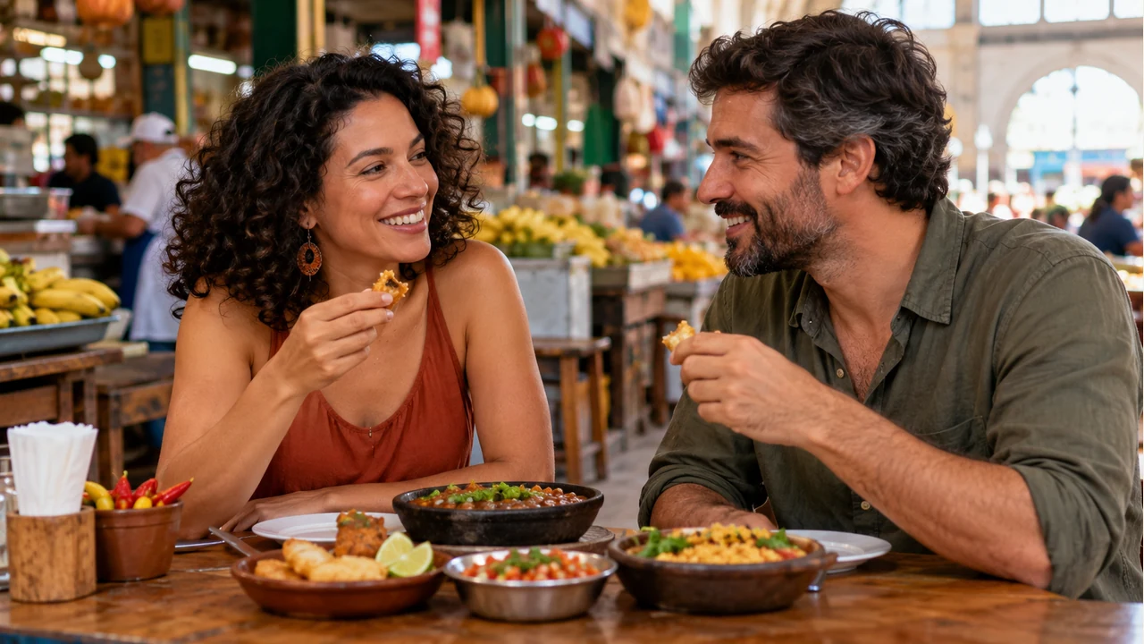 Duas pessoas compartilham pequenas porções de comida em uma mesa de mercado público.