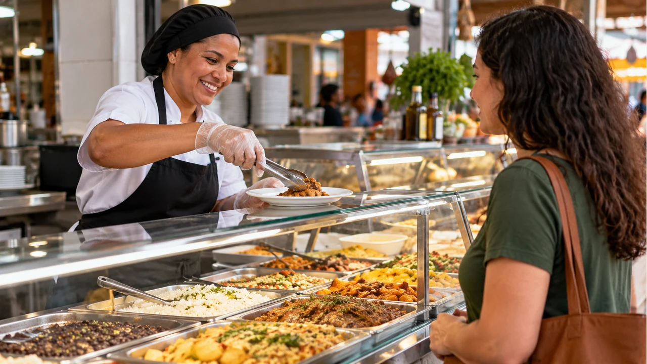 Atendente utiliza utensílio para servir alimento mantido em vitrine de um mercado.
